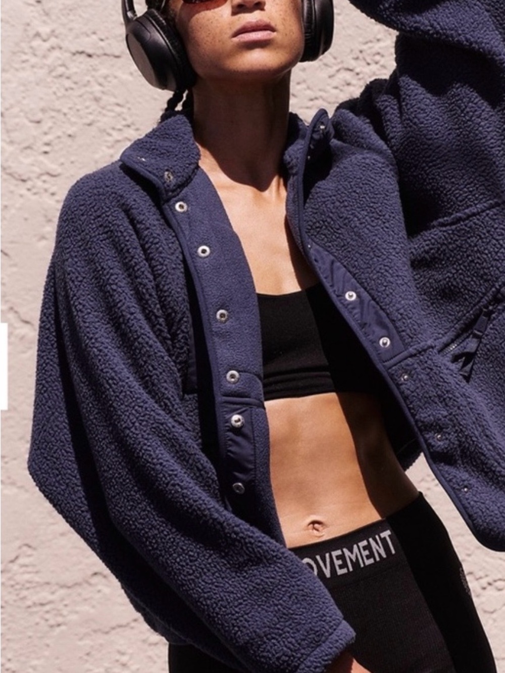 Free People Movement Navy Fleece Jacket, Cozy Zip Snap Front